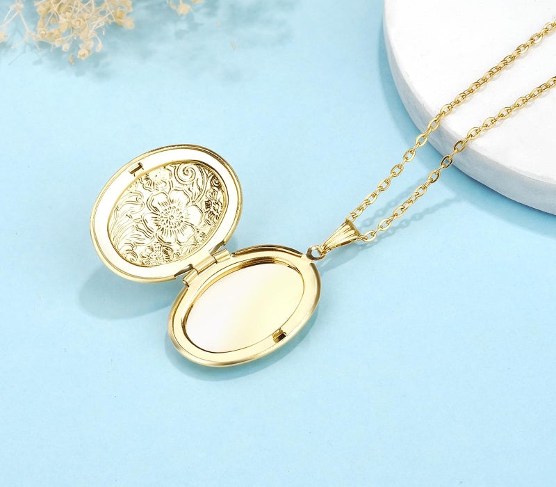 YOUFENG Oval Round Flower Locket Necklace that Holds Pictures Photo Locket Pendant Oval Gold-plated - Image 4